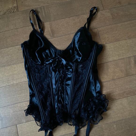 Vintage Seductive Wear by Cinema Etoile Black Satin Lace Corset Bustier L - Picture 8 of 12